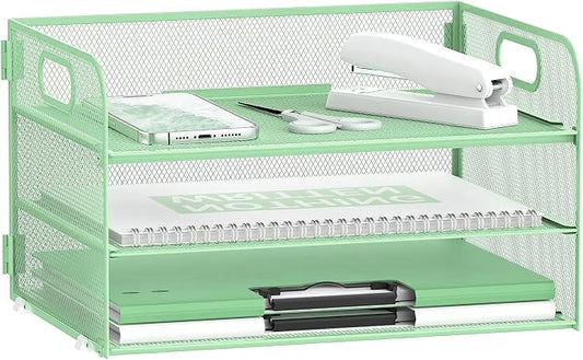 DALTACK 3 Tier Paper Organizer with Handle, Mesh Metal Desk Organizer with Sliding Paper Trays for Letter/A4 Paper, Mail, Bills & Folders, Mint Green