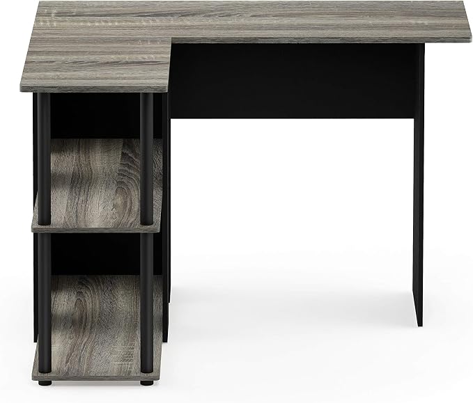 Furinno Abbott L-Shape Computer Desk with Bookshelf, French Oak Grey/Black