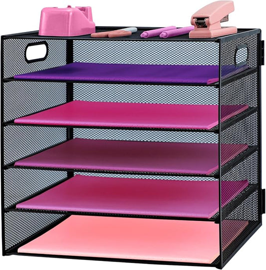 5 Tier Lettrer Tray Organizer, Metal Mesh Desk File Organizer with Sliding Trays, Paper Sorter Desk Organizer for Home Office School, Black