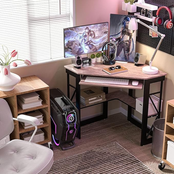 VECELO Corner Desk Computer Desk Writing Table with Smooth Keyboard Tray&Storage Shelves for Small Spaces/Compact Home Office Triangle Table,Brown