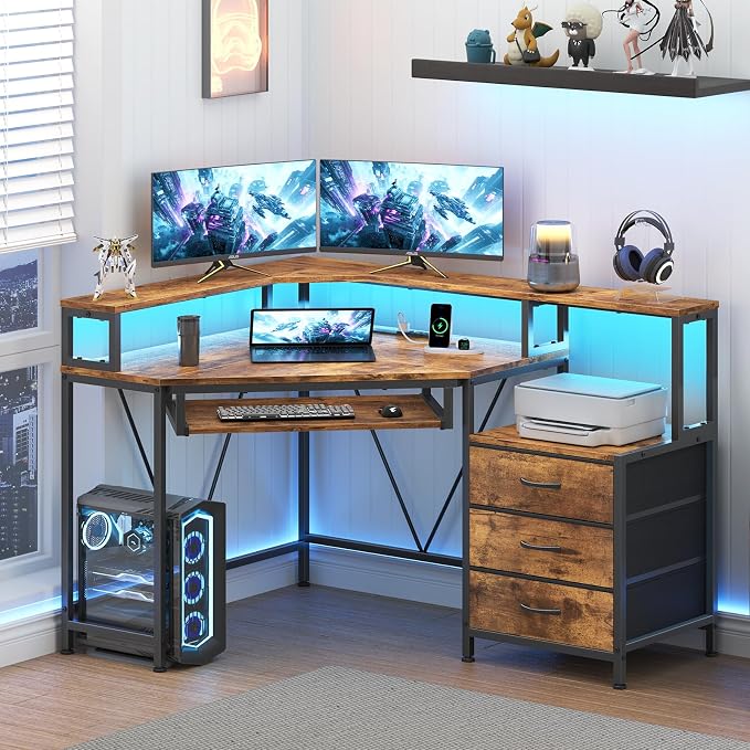 YOMILUVE Corner Desk with Power Outlets, Small Computer Desk with Drawers & Printer Shelf, Triangle Gaming Desk with LED Lights, Keyboard Tray and Monitor Stand for Small Space, Rustic Brown