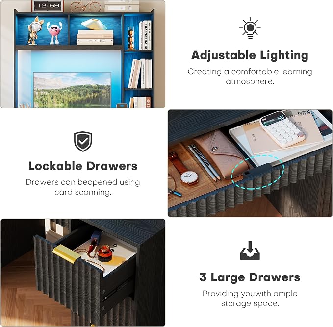 40" W Fluted Study Desk with Hutch and Storage Cabinet, Computer Desk with Power Outlet & LED Lights, Home Office Desk with Card-Based Lock for Study, Bedroom, Living Room, Retro Black