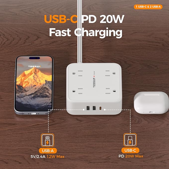 TESSAN Surge Protector Power Strip, 15 Ft Flat Plug Extension Cord with 3 USB (1 USB C 20W PD) 8 Outlets, 1250W, 900J Protection, 3 Sided Outlet Extender with Power Switch for Office, Dorm Room, White