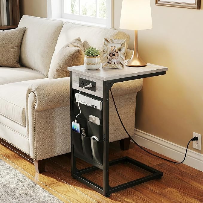 AMHANCIBLE C Shaped End Table with Charging Station, TV Tray Couch Tables with Storage Bag, Slide Under Sofa Side Side Table with USB Ports and Outlets for Living Room, Grey, HET04CGY-1