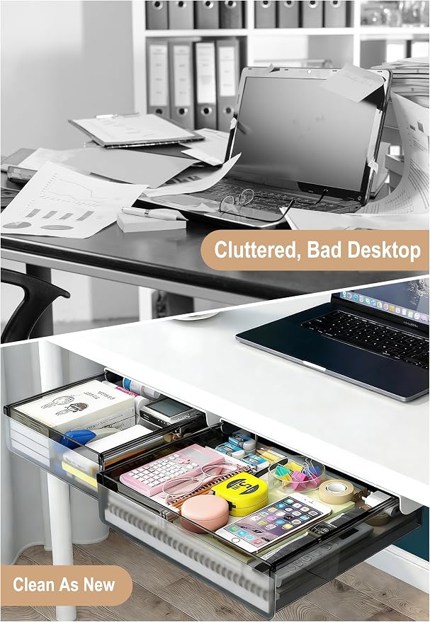 Under Desk Drawer Set of 2, Smooth Slide-Out Storage (Medium/Small), Thick PET Material, For Home Office, Desk & Coffee Table