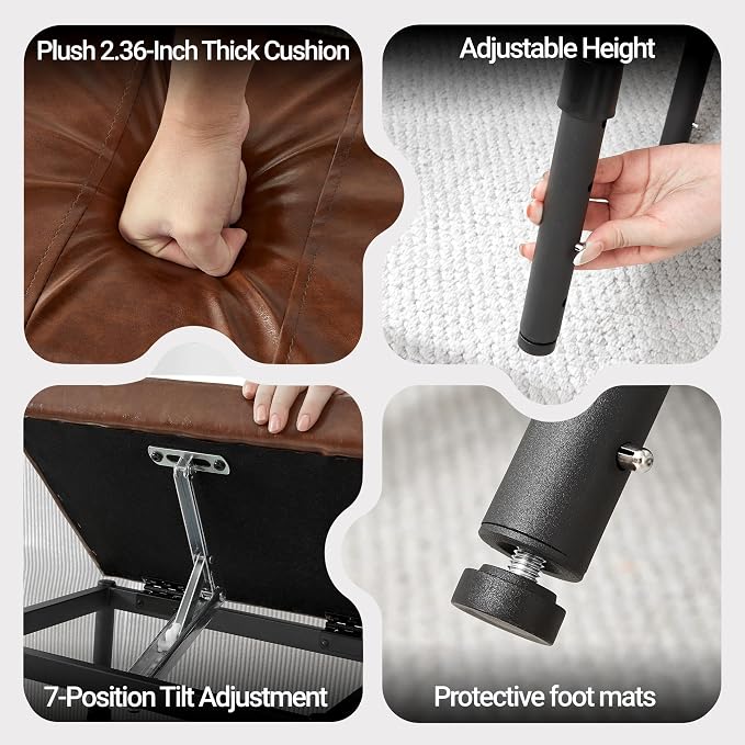TIOPGHAD Adjustable Ottoman Pouf, 4 Height Position & 60 Degree Tilt Angle Synthetic Leather Ottomans Foot Stools Stool Pouffe FootStool Under Desk for Living Room Home Office(Brown Synthetic Leather)
