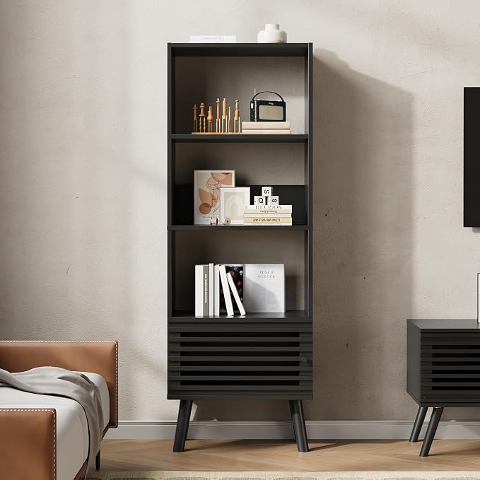 Furnify Small Narrow Corner Bookcase, 55" H Mid Century Modern Bookshelf with Slatted Door, 4 Cube Bookcase with Open Shelf, Display Storage Cabinet for Living Room, Home Office, Black