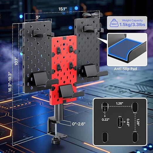PEGZONE Modular Headphone and Controller Holder for Game, Clamp-on Pegboard, Rotatable Controller Stand with Cable Hooks, Gaming Accessory for Xbox PS5 PS4 Nintendo Switch, 3Pcs Pegboard, Red