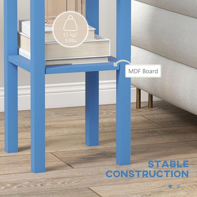 HOMCOM Narrow End Table with Drawer and Bottom Shelf, Slim Side Table for Small Spaces, Skinny Modern Accent Desk for Living Room, Set of 1, Light Blue