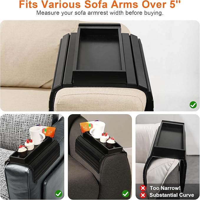 Joy&Grace Couch Arm Tray, 3-in-1 Magnetic Detachable Sofa Arm Table with Phone and Tablet Holder Bamboo Couch Cup Holder, Foldable Sofa Armrest Tray for Eating, Drinks, Phones (Black)