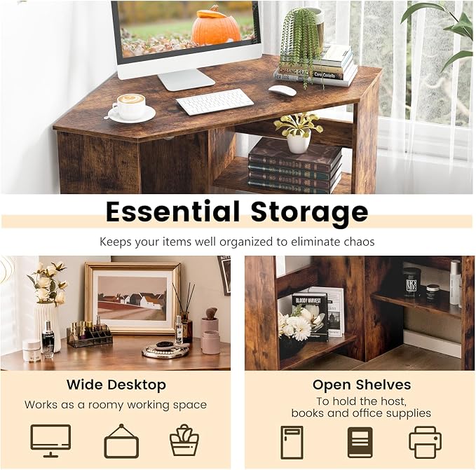 HOMGX Corner Computer Desk, Triangle Desk with Storage Shelves, Small Corner Desk for Small Spaces, Corner Vanity Desk for Home, Bedroom, Living Room, Office (Coffee)