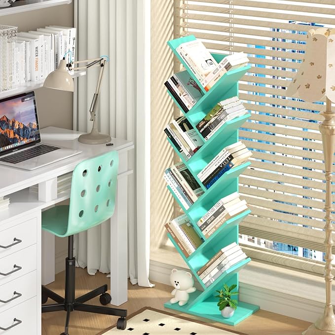 SHEEPAM 10 Tier Tree Book Shelf, Floor Standing Wood Bookshelf for Narrow Space, Storage Organizer Bookshelves for Books/CDs/Magazine, Bookcase with Shelves for Home Office, Living Room - Green