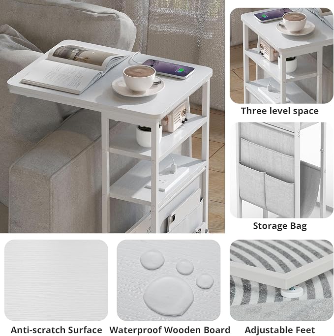 C Shaped End Table with Charging Station, 28"(H) 3-Tier C Table with Storage Bag, Under Couch Table C-Shaped End Table with Storage Shelves and Bag for Living Room, Bedroom, or Office