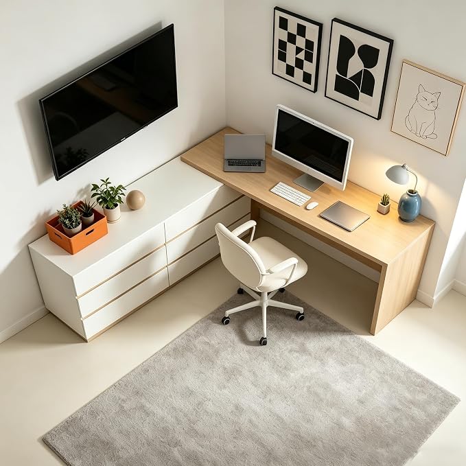 Retractable L-Corner Computer Desk with 6 Organizer Drawers for Games, Make-up, Home Office, Log