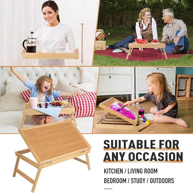 Bed Tray Breakfast Food Tray with Folding Legs Kitchen Serving Tray for Lap Desks Notebook Computer Sofa Platters TV Snack Tray(Beige, Large)