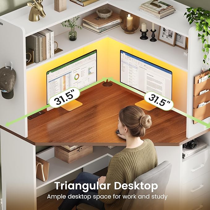 SEDETA 31.5" Corner Desk for Small Space, Farmhouse Small Corner Desk with Hutch & 3 Drawers, Corner Computer Desk with Storage Shelves & LED Lights for Home Office, White + Brown
