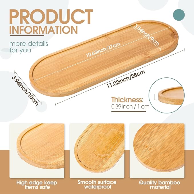 Chengu 3 Pcs Bamboo Vanity Trays for Bathroom Small Wooden Serving Tray for Bathroom Counter Food Appetizer Tea Dessert Kitchen Tissue Toilet Tank Home Decor, 11 x 4 Inch(Oval Edge Style)