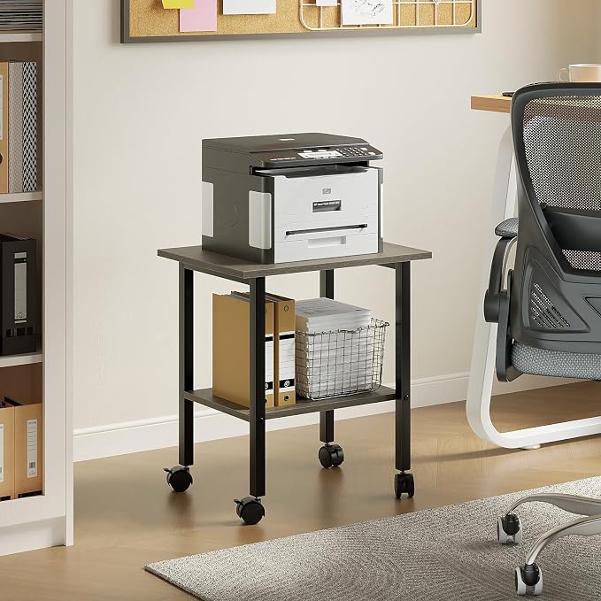 2 Tier Printer Stand with Storage, Under Desk Printer Table, Space-Saving Printer Table with Locking Wheels, Rolling Printer Cart for Home Office, Grey