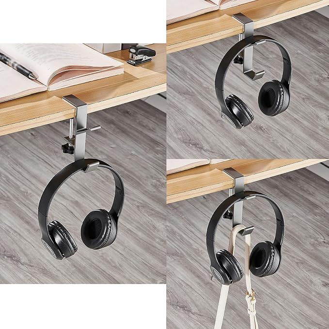 2 Pcs Adjustable Table Clamp Hooks Aluminum Alloy Under Desk Holder Desk Side Mount Hook for Headphones Bags Hats Keys Vacuum Cup (Gray)