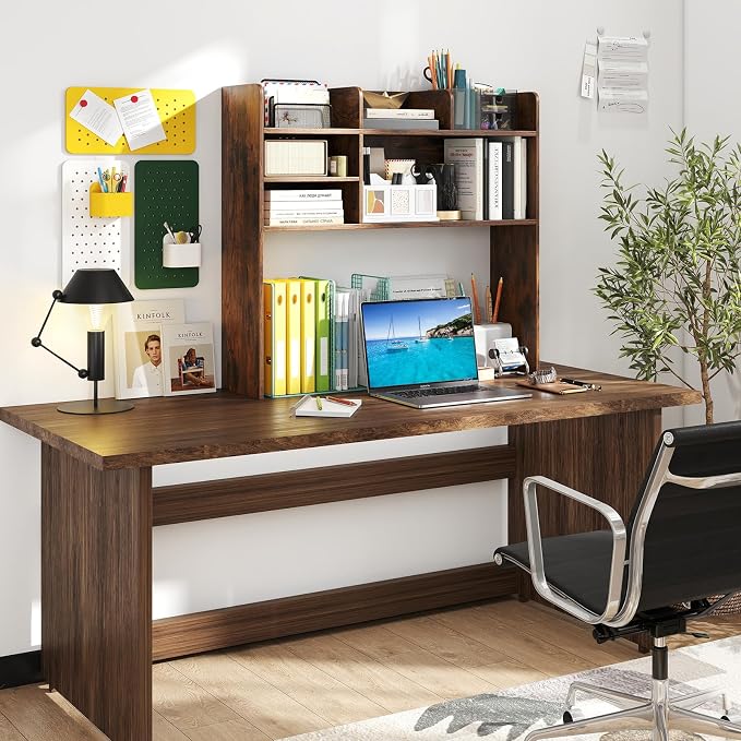 Giantex Desktop Bookshelf, 37" Desk Hutch Dorm for Computer Up to 32 Inch, Countertop Hutch w/6 Storage Shelves, 3-Tier Desktop Organizer Display Rack, Wood Desk Shelf for Home Office (Rustic Brown)