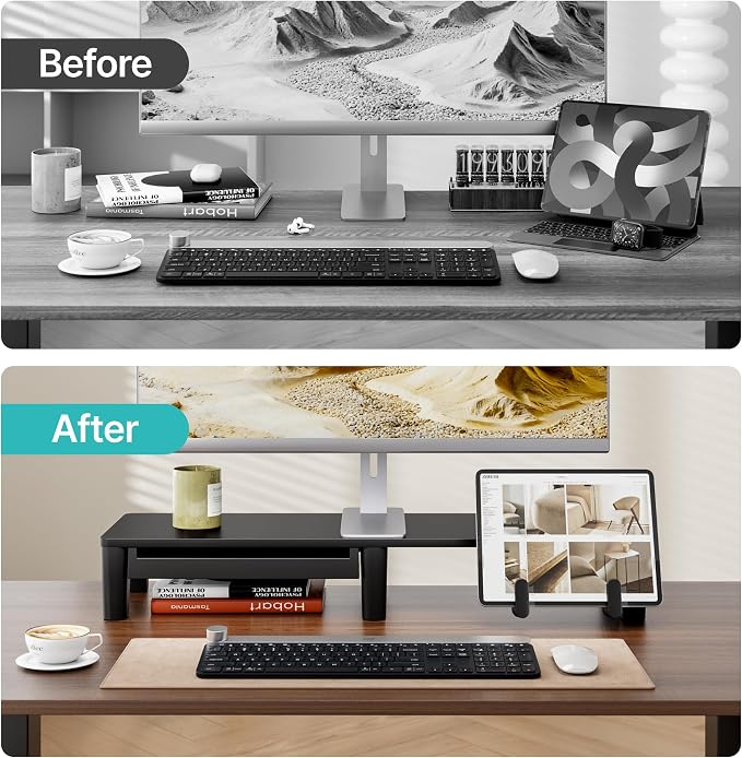 PEGZONE Monitor Stand Riser for Desk, Ergonomic Computer Riser with Storage Drawer, Desktop Shelf Organizer for PC, Laptop, for Home Office