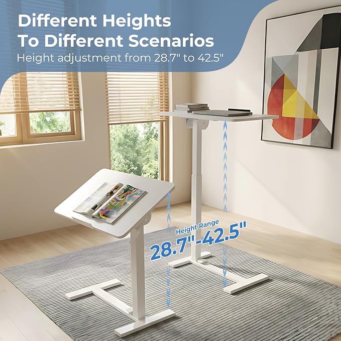 DUMOS Adjustable Rolling Desk, Mobile Overbed Bedside with Hidden Wheels, Portable Laptop Standing Desks Computer Workstation for Bed Sofa Couch, Milk