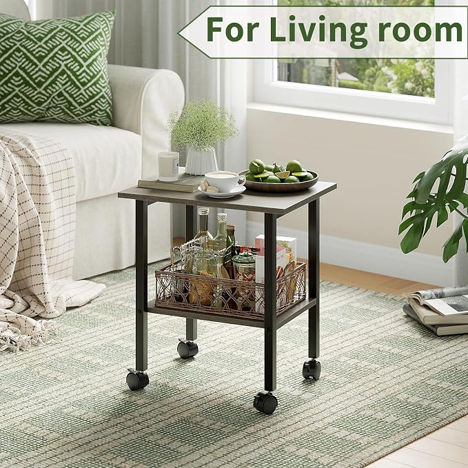 2 Tier Printer Stand with Storage, Under Desk Printer Table, Space-Saving Printer Table with Locking Wheels, Rolling Printer Cart for Home Office, Grey