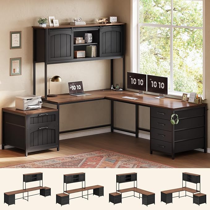 SEDETA Farmhouse L Shaped Office Desk with 6 Drawer, Reversible Computer Desk with Power Outlet, Hutch for Home Office/Two Person, Corner Desk with File Drawer & Printer Storage Shelves, Black