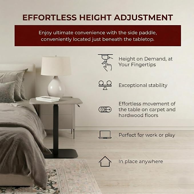 Elevance Height Adjustable Side Table, White Base, Cloud White Top | Sofa Laptop Table for Couch & Bed | Small C-Shape End Table for Home or Office