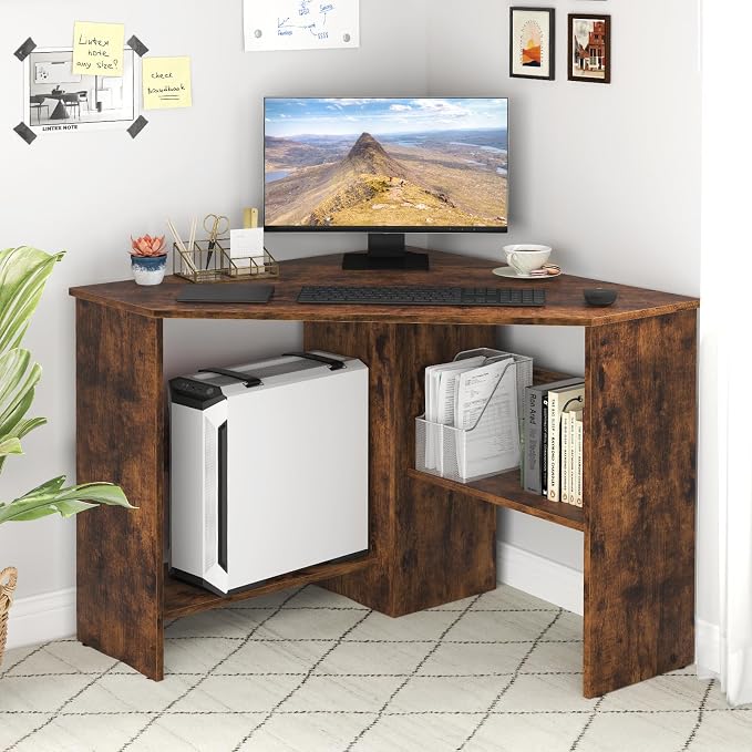 NAFORT Triangular Corner Desk with Storage Shelves and Cable Holes, Space Saving Writing Desk, Multi Functional Workstation for Home Office, Bedroom, PC Laptop Computer Table, Brown