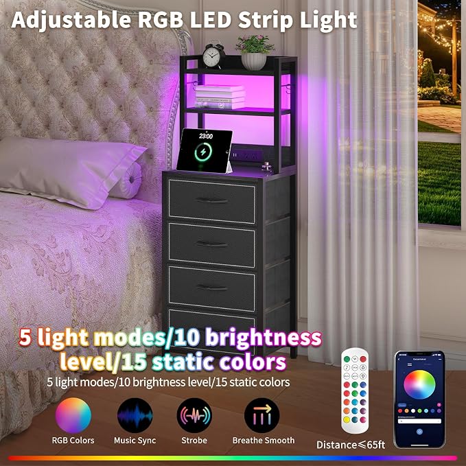 Tall Nightstand with LED Light, LED Night Stand with Charging Station and USB Type C Port, Bedside Table with 4 Fabric Drawers for Bedroom, Dorm, Office (Black)