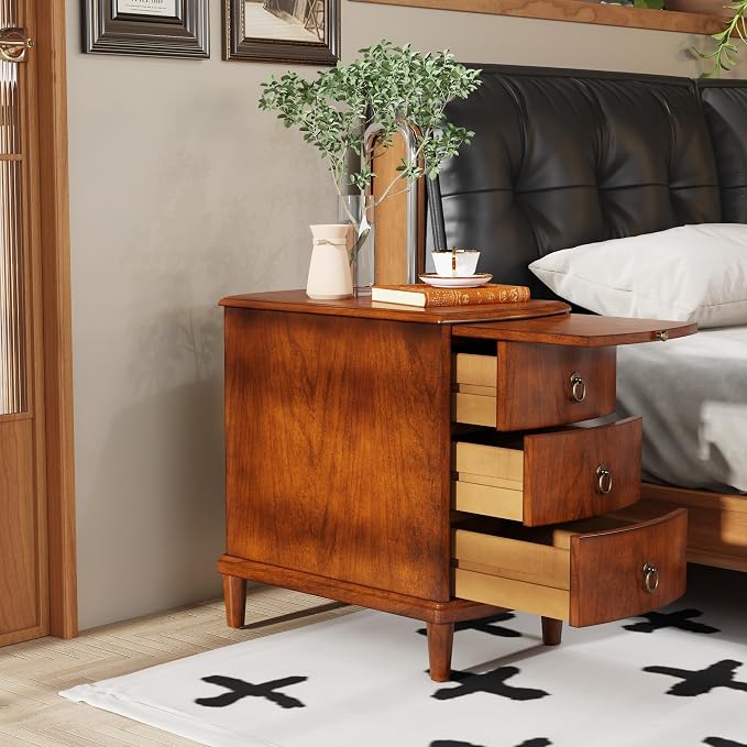 Storage Side End Table with 2 Drawers and Pull-Out Shelf, Small Sofa Side Table for Living Room, No-Tools Assembly, Solid Wood Narrow Beside Tables, 11.8”W x 21.6”L x 22.9”H, Brown, BG-A1359-MG