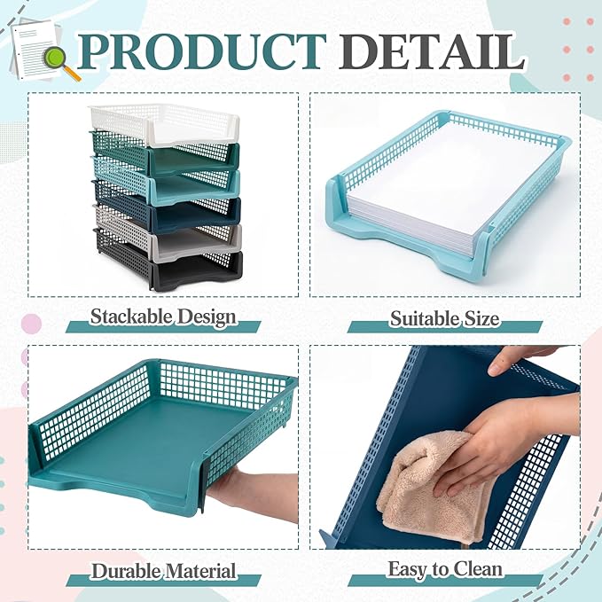 Geetery Set of 6 Plastic Trays for Teachers Turn in Trays Classroom Stackable Paper Tray Plastic Classroom Teachers Desk Letter Organizer Storage Baskets for Office, Desk, Home (Morandi Color)