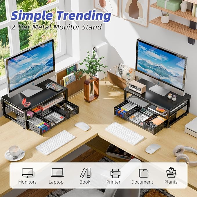 Simple Trending Monitor Stand Riser with Drawer, Black for Home Office | Metal 2-Tier Monitor Stand with Hidden Drawer | Ergonomic Neck Support | Desk Organizer | Space Saving | Fast Setup