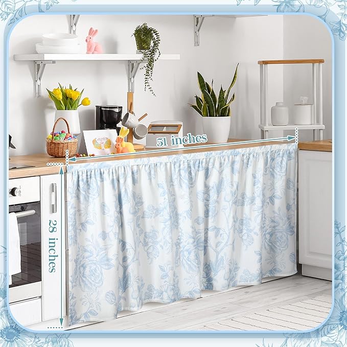 VitalCozy Cabinet Curtain 28" W x 51" L Sink Skirt for Bathroom Kitchen Blue Flower Floral Spring Short Curtain for Home Classroom Farmhouse Rustic Drape Under Desk Privacy Drape for Laundry Room
