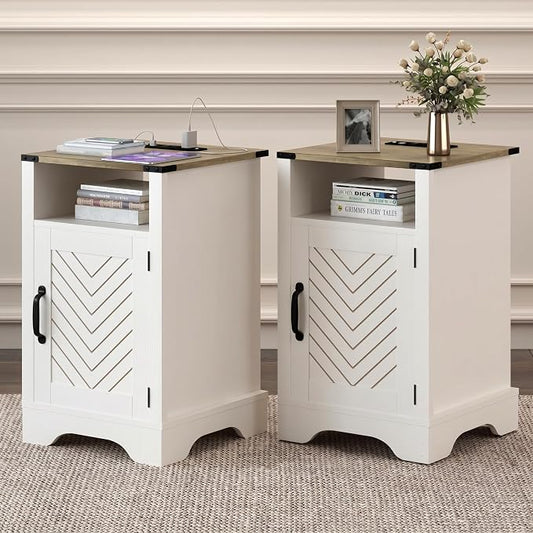 RoyalCraft 25" Tall Nightstand Set of 2, Farmhouse Nightstand with Charging Station, Large End Table with Storage, White Wood Bedside Table for Bedroom, White and Rustic Oak
