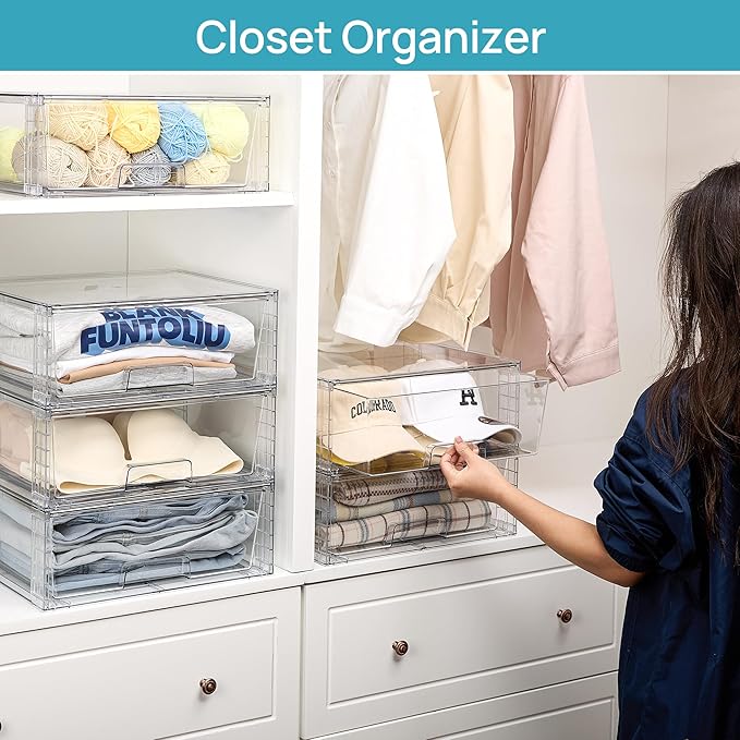 Vtopmart 4 Pack Large Stackable Storage Drawers,Easily Assemble Clear Acrylic Bathroom Closet Undersink Organizers,Plastic Storage Bins for Cabinet,Kitchen Pantry,Medicine Organization