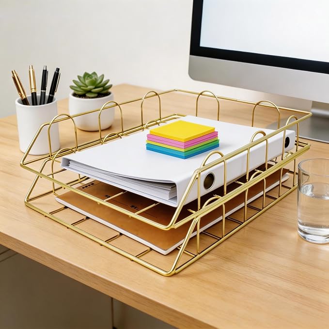 JIARI 2 Pack Desk Organizer Stackable Letter Tray Paper Organizer, Metal Desk Organizer Tray for Letter/A4 Paper Storage, for Office Supplies (Gold 2 Pack)