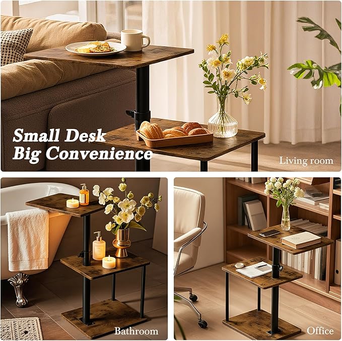 Faesun 360° Swivel Side Table for Height Adjustable, C Shaped End Table for Couch with Storage, 3-Tier Night Stand with Open Shelf, Tv Tray for Small Spaces, Living Room, Bedroom, Rustic Brown