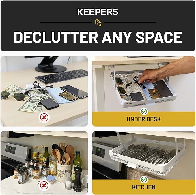 Anything Keeper - Compact Under-Cabinet Slide-Out Storage Drawer for Kitchen, Office, Desk, RV & Small Spaces | Hidden Organizer, Sturdy Steel, Easy Screw-In Mount, Fits 11x10x2.5 in - White