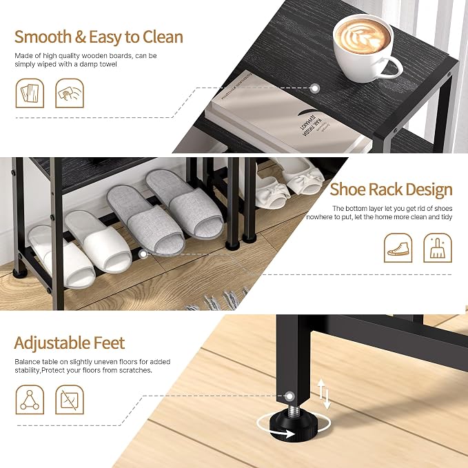Narrow Side Table for Small Space, 2-Tier Small End Table with Shelf Holder, Slim Nightstand, Skinny Snack Couch Table in Living Room, Bedroom, Study, Kitchen and Balcony (Black)
