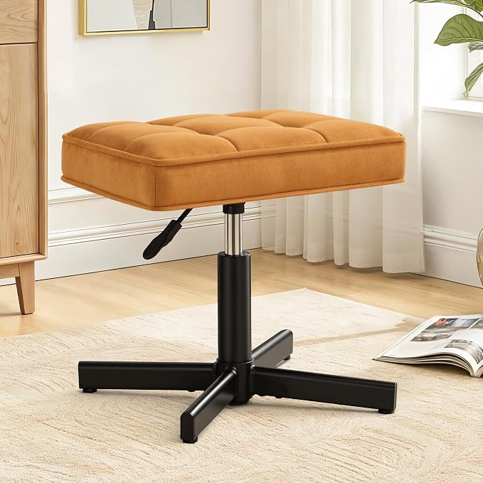 LUE BONA Adjustable Vanity Stool, 15''-19.5'' Foot Rest Under Desk, 360° Swivel Vanity Chair for Makeup Room, Ginger Yellow Upholstered Faux Leather Ottoman for Bathroom & Living Room, 300lbs
