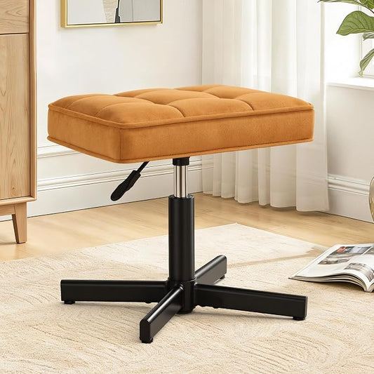 LUE BONA Adjustable Vanity Stool, 15''-19.5'' Foot Rest Under Desk, 360° Swivel Vanity Chair for Makeup Room, Ginger Yellow Upholstered Faux Leather Ottoman for Bathroom & Living Room, 300lbs