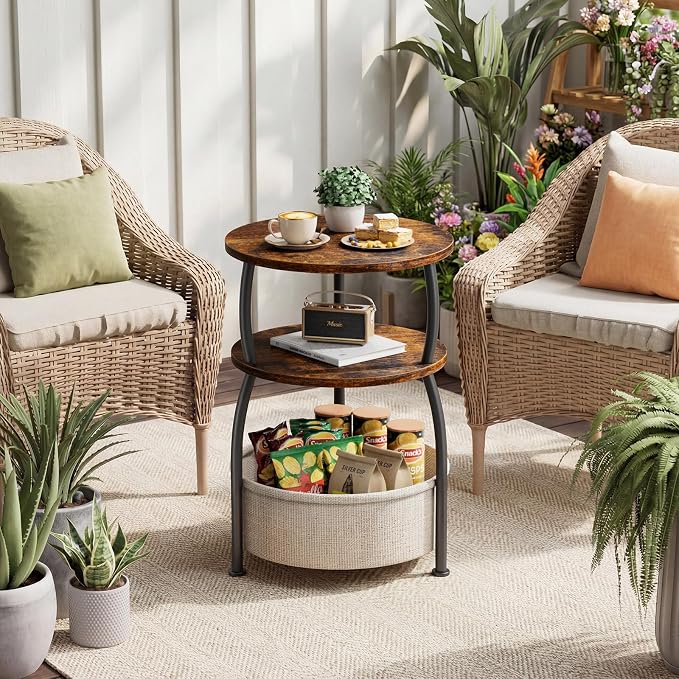 Round Side Table with Storage Basket, 15.75in Small Space Saving End Table 3-Tier Bedside Corner Table for Living Room, Bedroom, Garden, Sofa Side Table