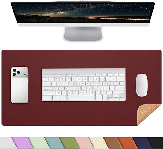 AFIING Leather Desk Pad Protector, 23.6" x 13.7", Red | Dual-Sided Cork & PU Leather, Waterproof, Non-Slip Mouse Pad & Writing Pad for Home, Office, Study & Laptop