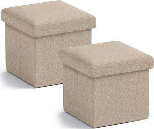 Ornavo Home Small Storage Ottoman, Set of 2 Foldable Collapsible Cube Square Linen Ottoman Foot Rest Stool Seat, for Living Room, Bedroom, Home Office, Dorm - 12 x 12 x 12, Taupe