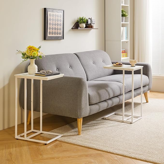 Aibiju C Shaped End Table, Small Side Table for Sofa and Bed, White Bedside Table, Laptop Desk for Couch 16x12x25 inch Faux Marble+White YD-TM051W