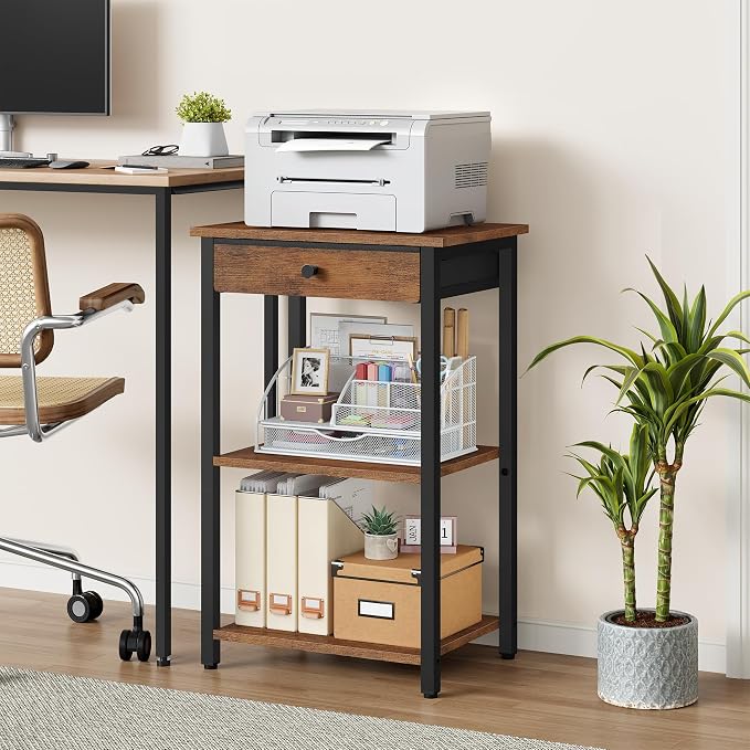 Gewudraw Printer Stand with Storage Drawer, 3-Tier Under Desk Printer Table, End Table for Home Office, Living Room, Bedroom, Brown