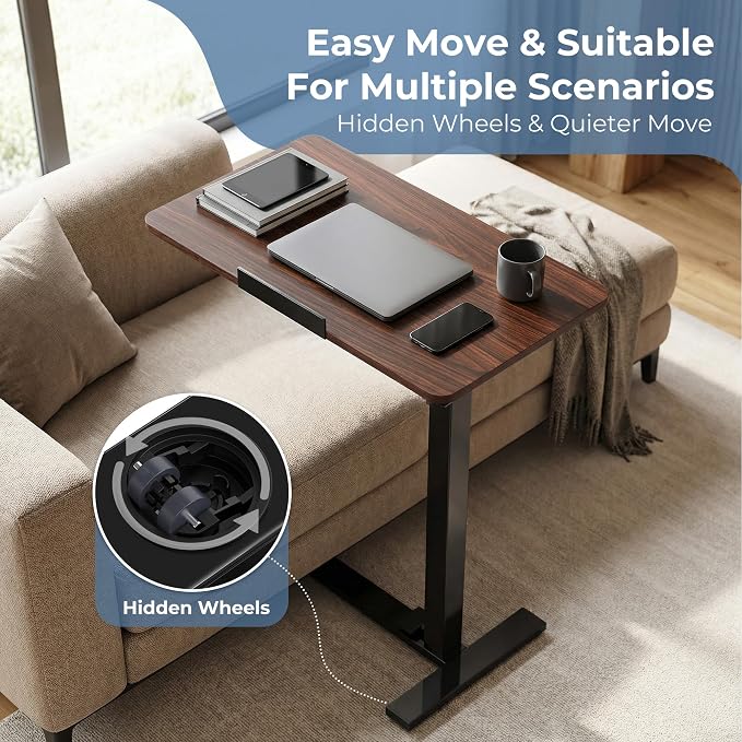 DUMOS Adjustable Rolling Desk, Mobile Overbed Bedside with Hidden Wheels, Portable Laptop Standing Desks Computer Workstation for Bed Sofa Couch, Chocolate