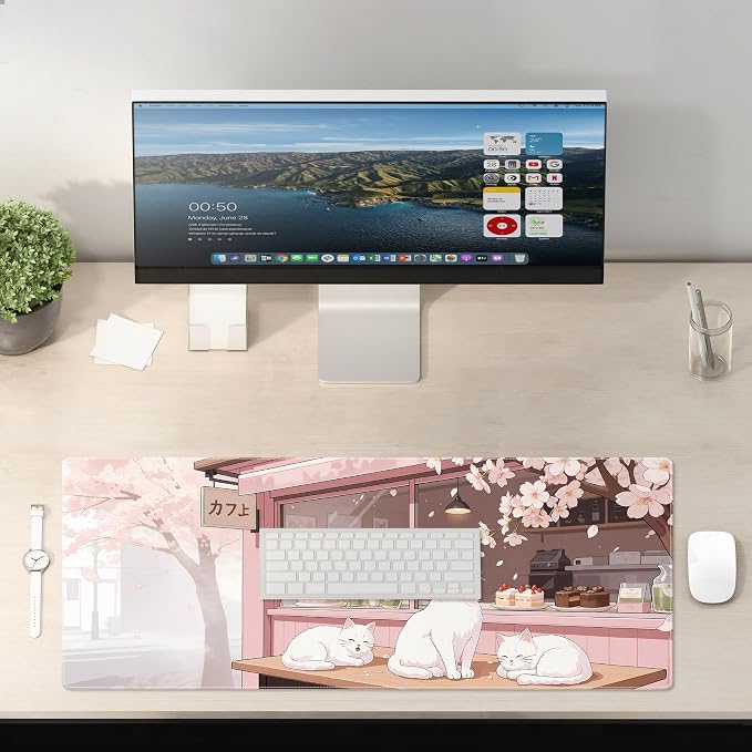 Pink Cute Cat Gaming Mouse Pad Large Desk Mat Extended Keyboard Mouse Pad Anime Mousepad with Non-Slip Base and Stitched Edge Mouse Mat Desk Pad 31.5 x 11.8 in Mouse Pads for Desk Home Office Gaming